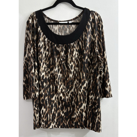 Susan‎ Graver 3X Top Black Brown Animal Leopard Print Liquid Scoop Neck Sequins - Picture 1 of 8
